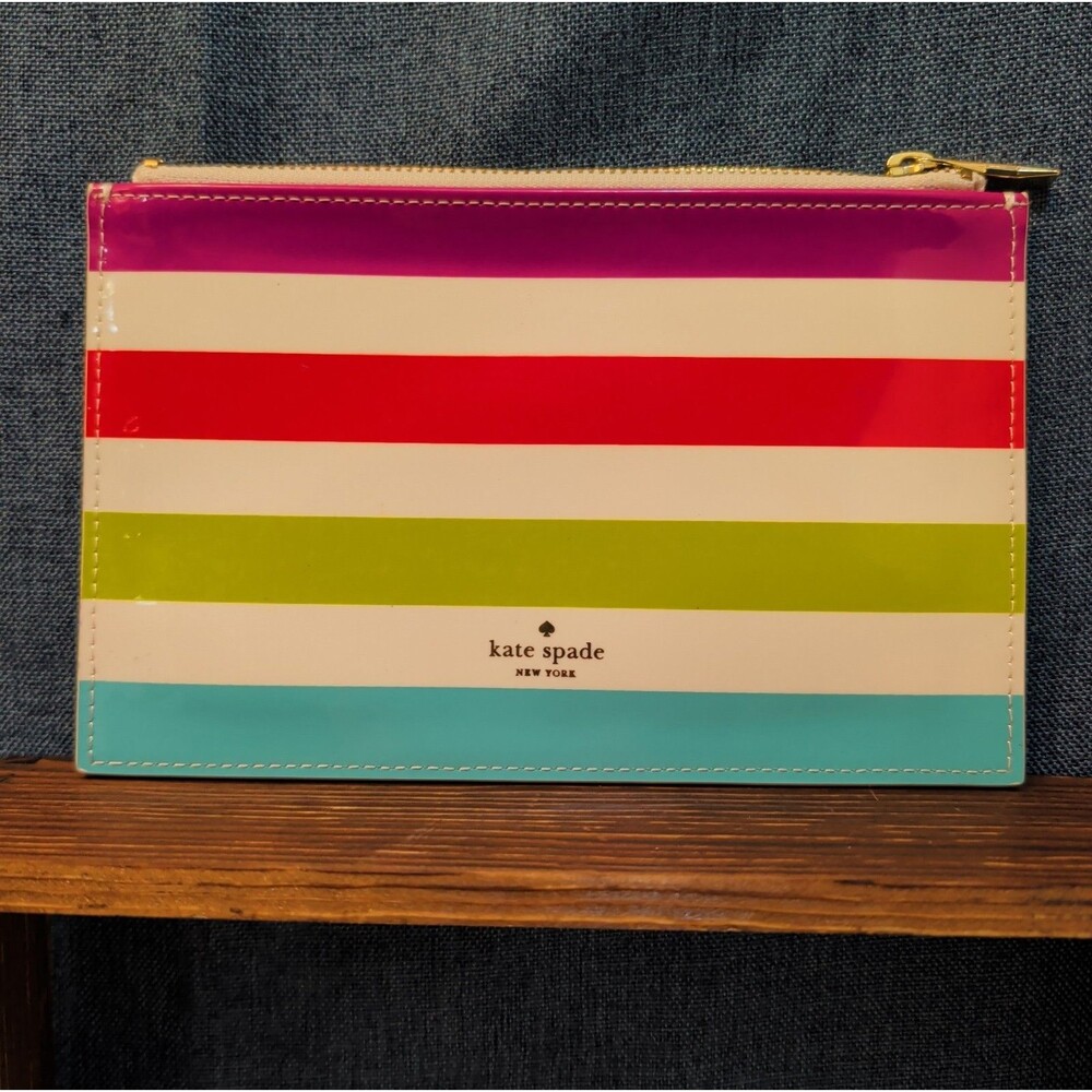 Kate Spade Striped Pencil Case Makeup Pouch Glossy Patent Preppy